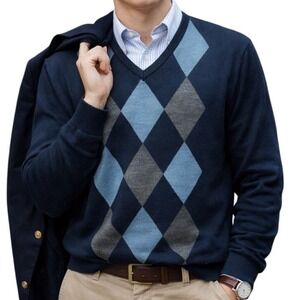 Davis & Squire Merino Wool Argyle V-Neck Men's Sweater Blue‎ Grey Size L Preppy